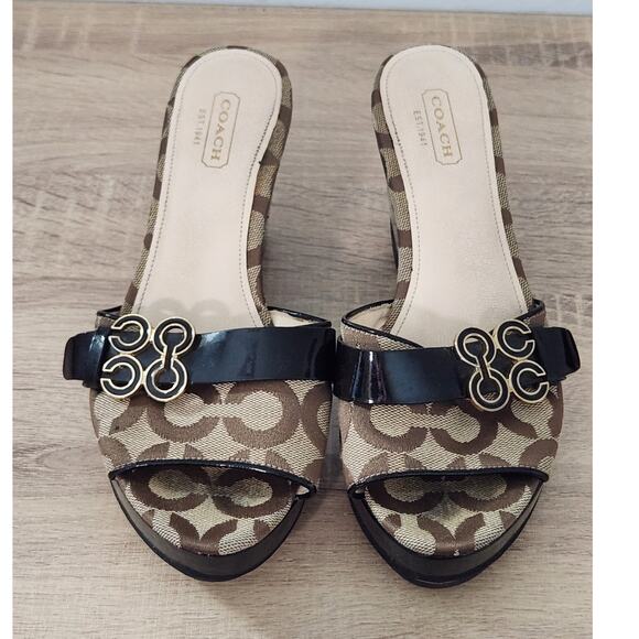 Coach Geri Brown Canvas Patent Leather Wedge 3.5" Heel Sandals Women Size 6.5 B - Picture 6 of 13